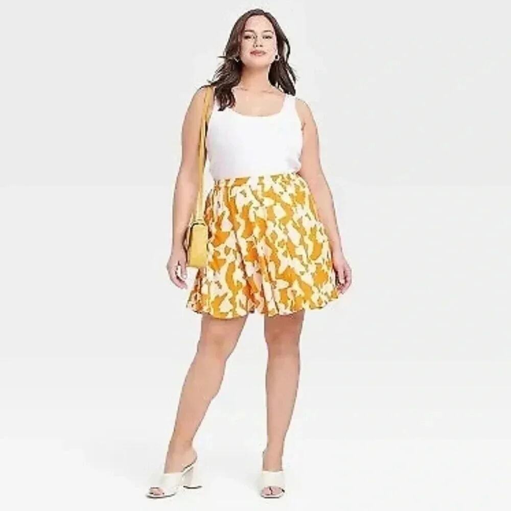 Women's Flare Godet Midi full Skirt - Ava &‎ Viv Orange Abstract